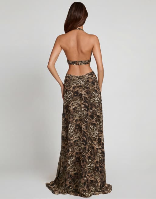 Oh Polly tie detail leg slit maxi dress in leopard, 3 of 4