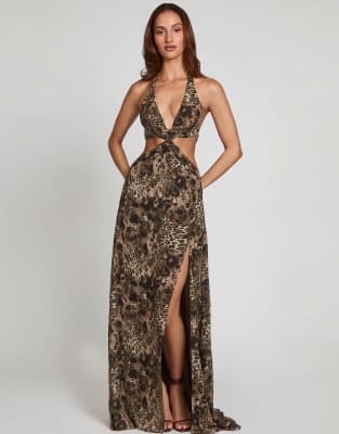 Oh Polly Tie Detail Leg Split Maxi Dress In Brown
