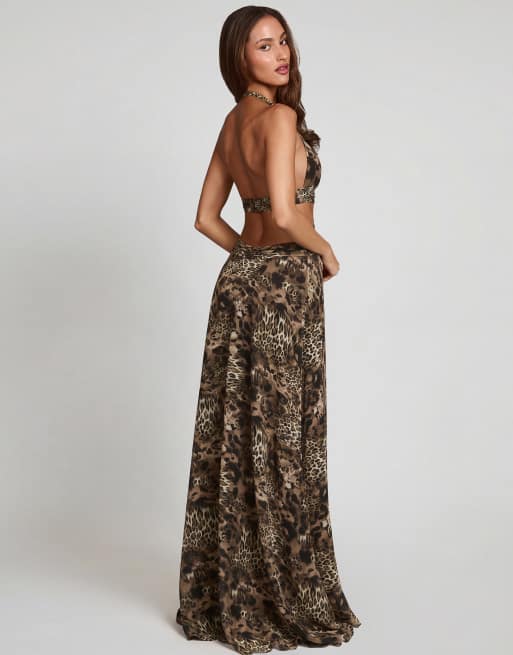 Oh Polly tie detail leg split maxi dress in leopard, 2 of 4