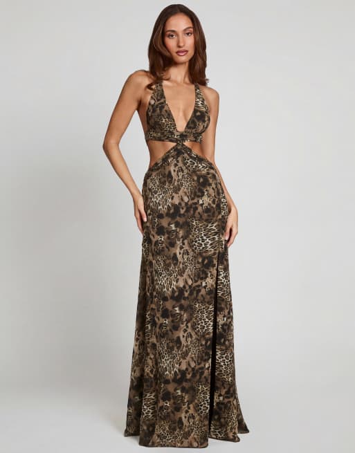 Oh Polly tie detail leg split maxi dress in leopard, 4 of 4