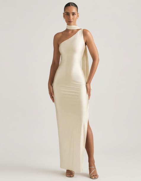 Oh Polly tie neck detail one shoulder maxi dress in ivory - view 1