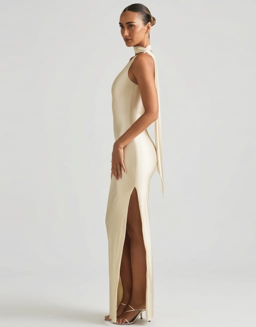 Oh Polly tie neck detail one shoulder maxi dress in ivory, 2 of 4