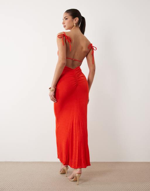 Oh Polly tie shoulder asymmetric maxi dress in red | ASOS