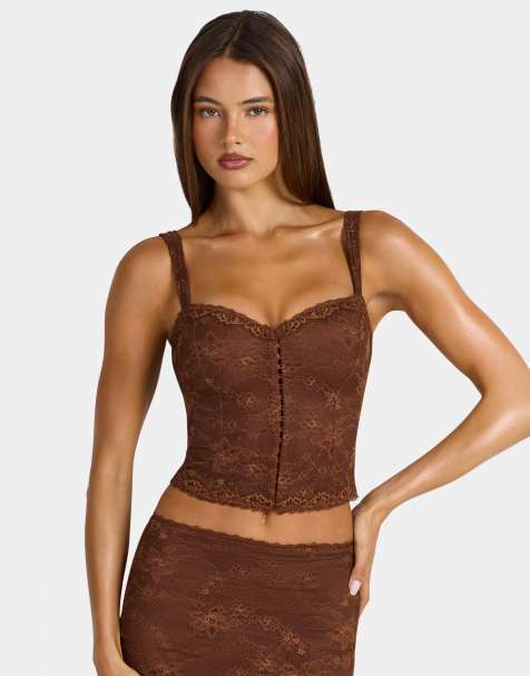 Oh Polly top corset en dentelle à décolleté en cœur avec agrafage, ensemble 2 pièces, chocolat - view 1