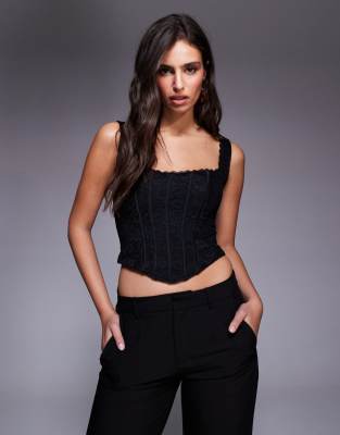 Oh Polly - Top corset en dentelle à laçage au dos - Noir