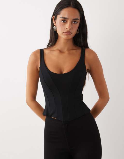 Oh Polly top corsetto con scollo rotondo in ponte nero coordinato, 1 di 4