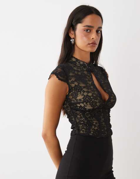 Oh Polly - top negro con encaje, cuello mao, manga de casquillo y detalle de abertura - view 1