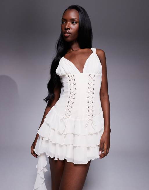 Oh Polly Toren lace up front ruffle mini dress in ivory | ASOS