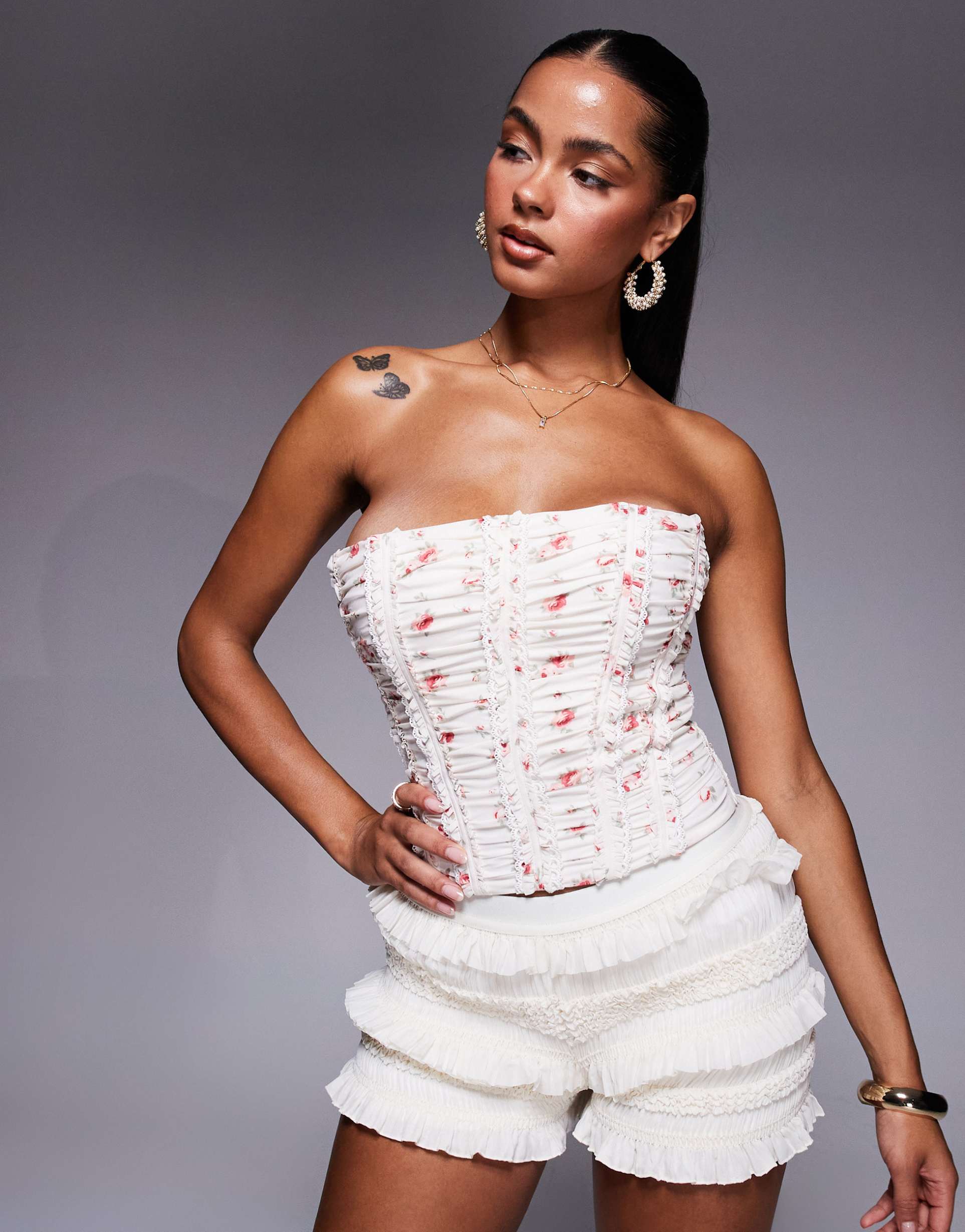 oh polly trova ruched lace up corset top in rose print