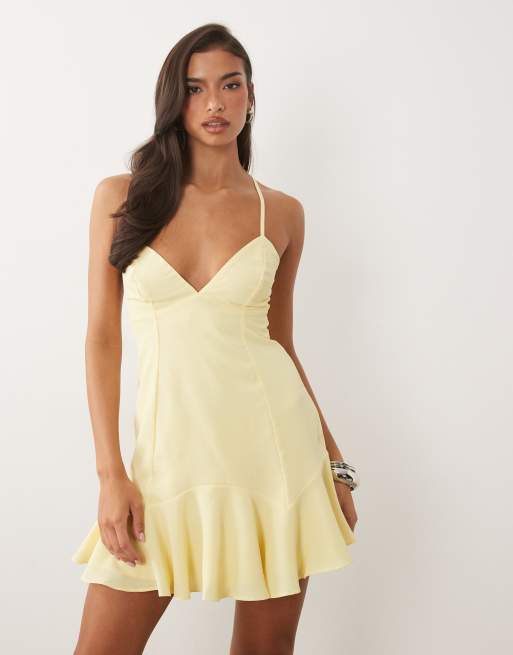 Oh Polly v-neck drop waist lace up mini dress in yellow, 3 of 4