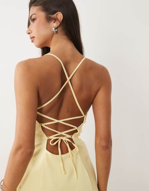 Oh Polly v-neck drop waist lace up mini dress in yellow, 4 of 4