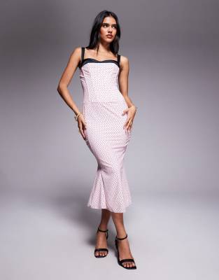 Oh Polly Valentina corset midi dress in pink polka dot | ASOS