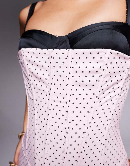Oh Polly Valentina corset midi dress in pink polka dot, 3 of 4