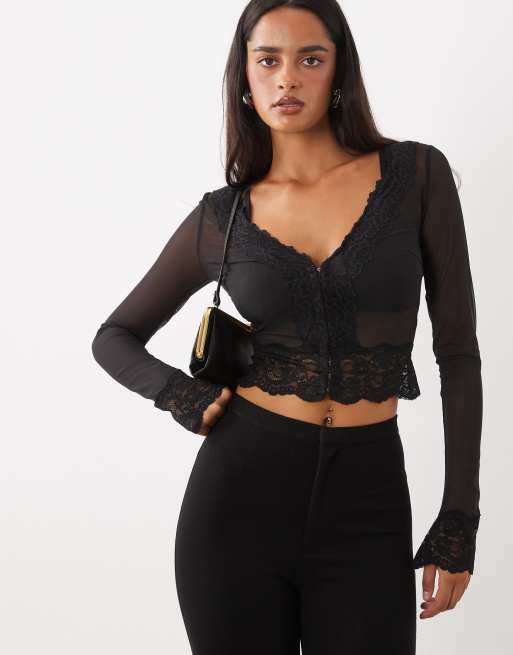 Oh Polly - Co-ord set van vest, camitop en midi rok van doorschijnend kant in zwart, 3 van 4