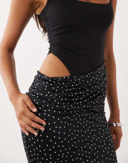 Oh Polly - vestido maxi negro con body interior integrado y drapeado, 3 de 4