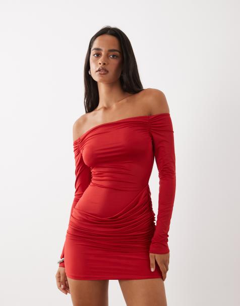 Oh Polly - vestido mini rojo con cuello asimétrico, abertura y detalle drapeado - view 1
