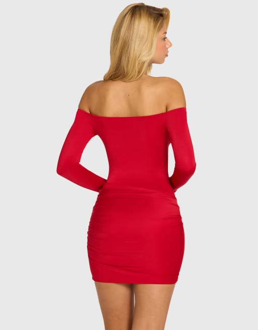 Oh Polly - vestido mini rojo con hombros descubiertos y detalle drapeado, 4 de 4