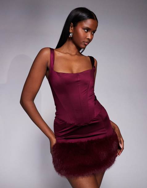 Oh Polly - Vestito corto a corsetto in raso color vino con scollo squadrato e finiture in pelliccia sintetica - view 1