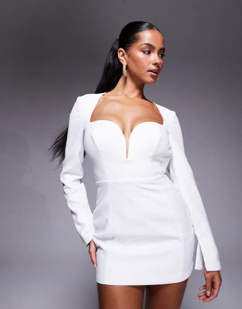 Oh Polly - Vestito corto bianco a maniche lunghe con scollo a cuore - view 1