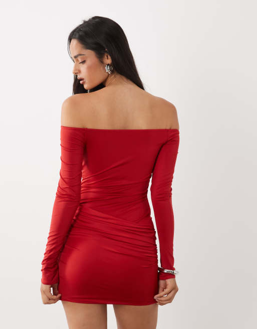 Oh Polly vestito corto rosso con collo asimmetrico, cut-out e drappeggio, 4 di 4