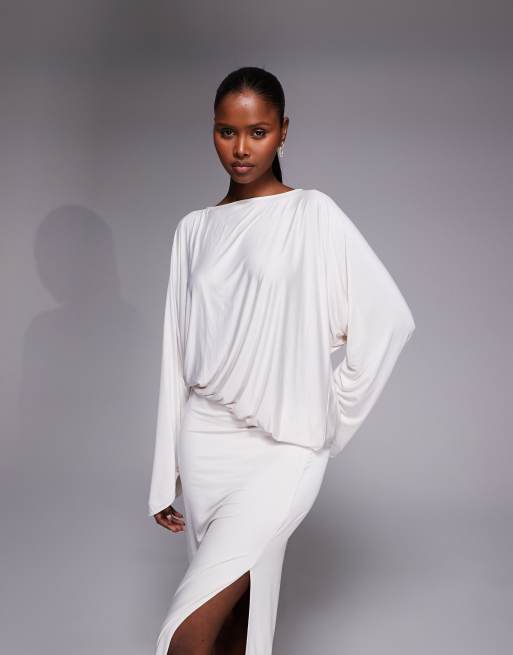 Oh Polly - Vestito lungo a maniche lunghe aperto dietro color avorio, 3 di 4