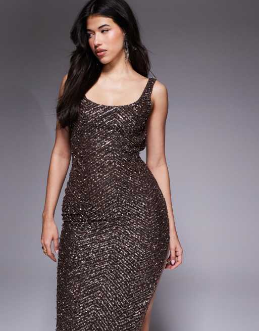 Oh Polly - Vestito lungo con scollo rotondo e spacco sulla coscia marrone decorato con glitter, 3 di 4