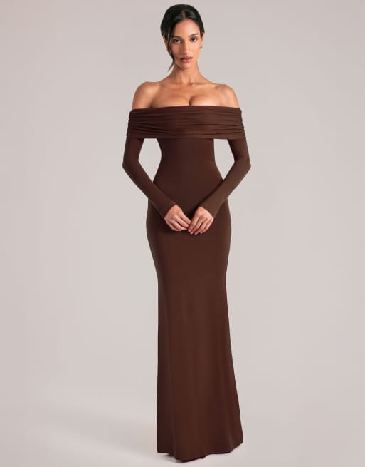 Oh Polly vestito lungo in modal con spalle scoperte e dettaglio cut-out, marrone cioccolato, 1 di 4
