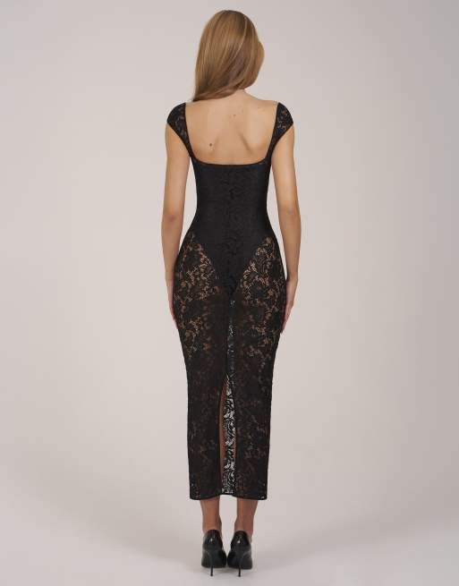 Oh Polly - Vestito lungo in rete nero in pizzo con scollo a cuore e maniche ad aletta, 3 di 4