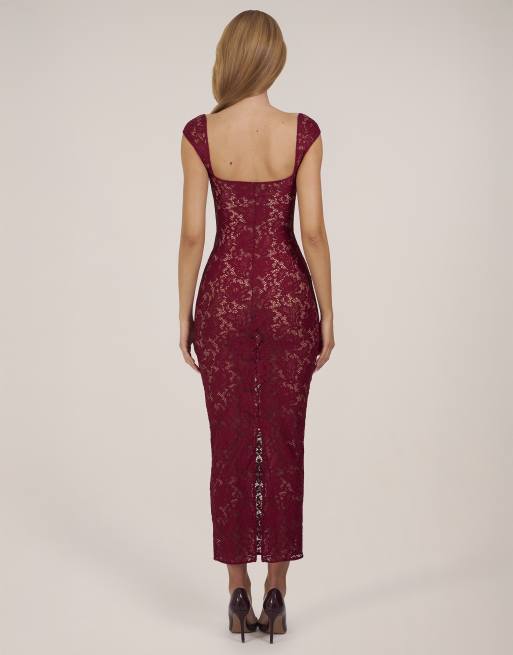 Oh Polly - Vestito lungo in rete rosso ciliegia in pizzo con scollo a cuore e maniche ad aletta, 3 di 3