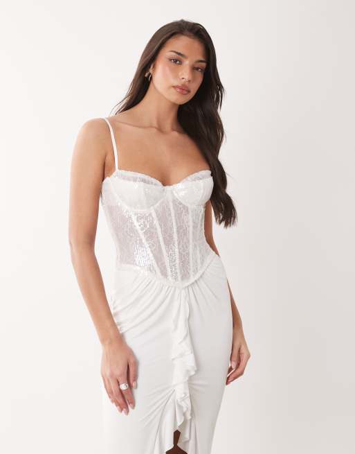 Oh Polly - Vestito lungo premium bianco con corsetto in pizzo decorato, 2 di 4