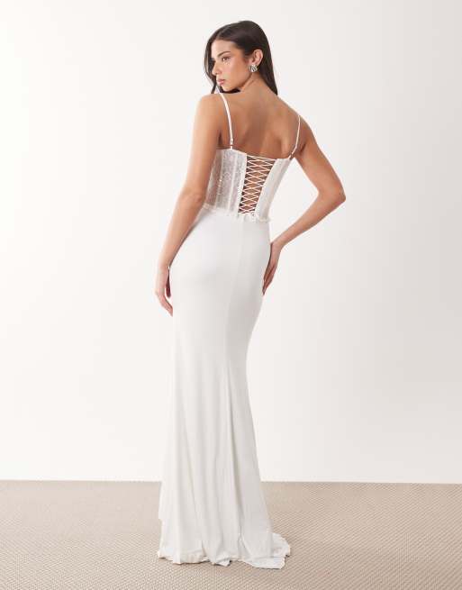 Oh Polly - Vestito lungo premium bianco con corsetto in pizzo decorato, 4 di 4
