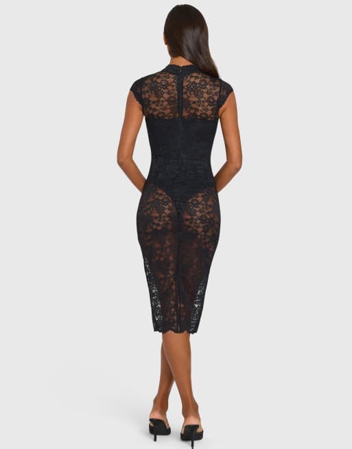 Oh Polly vestito midi nero in pizzo trasparente con colletto alla coreana e maniche ad aletta, 3 di 4
