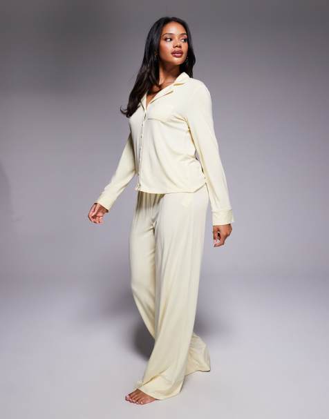 Oh Polly wide leg pyjama trouser co-ord in pastel yellow - view 1
