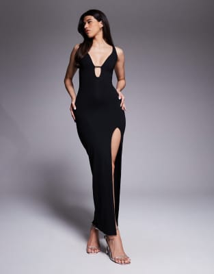 Oh Polly Zora Stretch Jersey Plunge Neck Keyhole Thigh Split Maxi Dress In Black