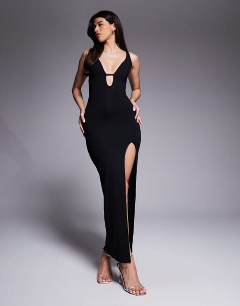 Oh Polly Zora stretch jersey plunge neck keyhole thigh split maxi dress in black - view 1
