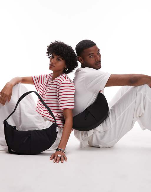 OLEND moon nylon crescent crossbody bag in black | ASOS