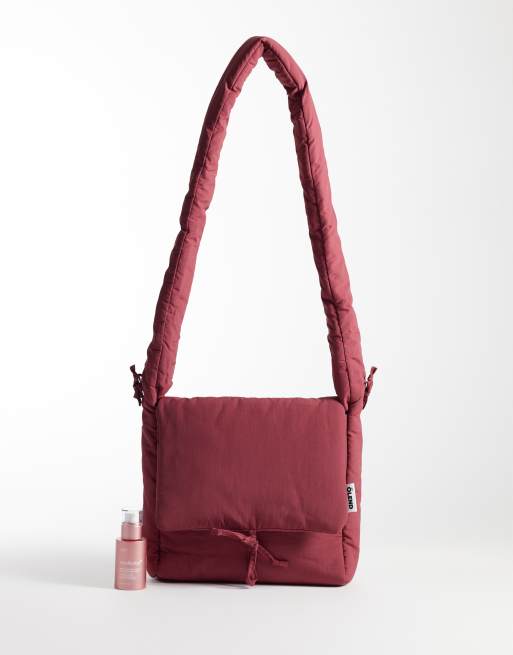 OLEND nina soft nylon crossbody flapover bag with ruched handle in cherry red, 2 of 4