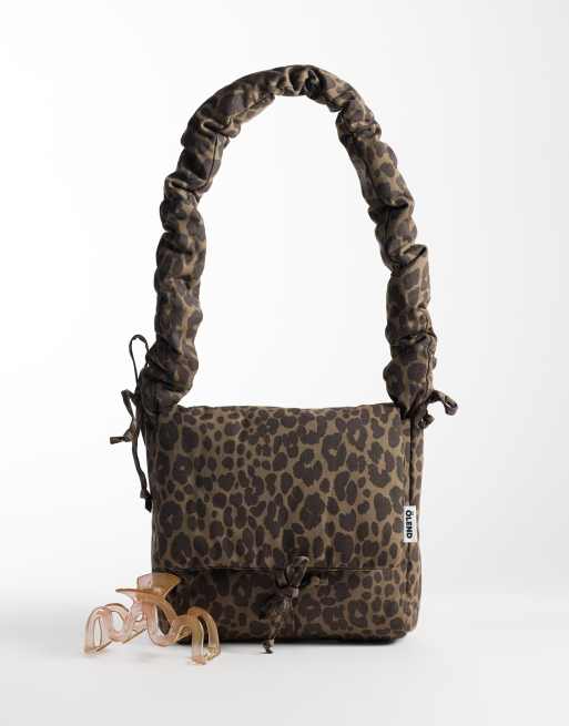 OLEND nina soft nylon crossbody flapover bag with ruched handle in leopard print, 3 of 4