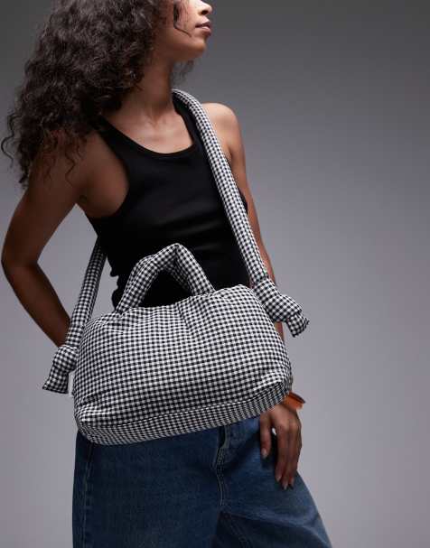 OLEND - Ona - Mini multiwear crossbody tas van katoen in zwart met witte gingham ruit - view 1