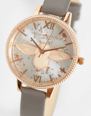 Olivia Burton 3D bee London watch in grey and rose gold