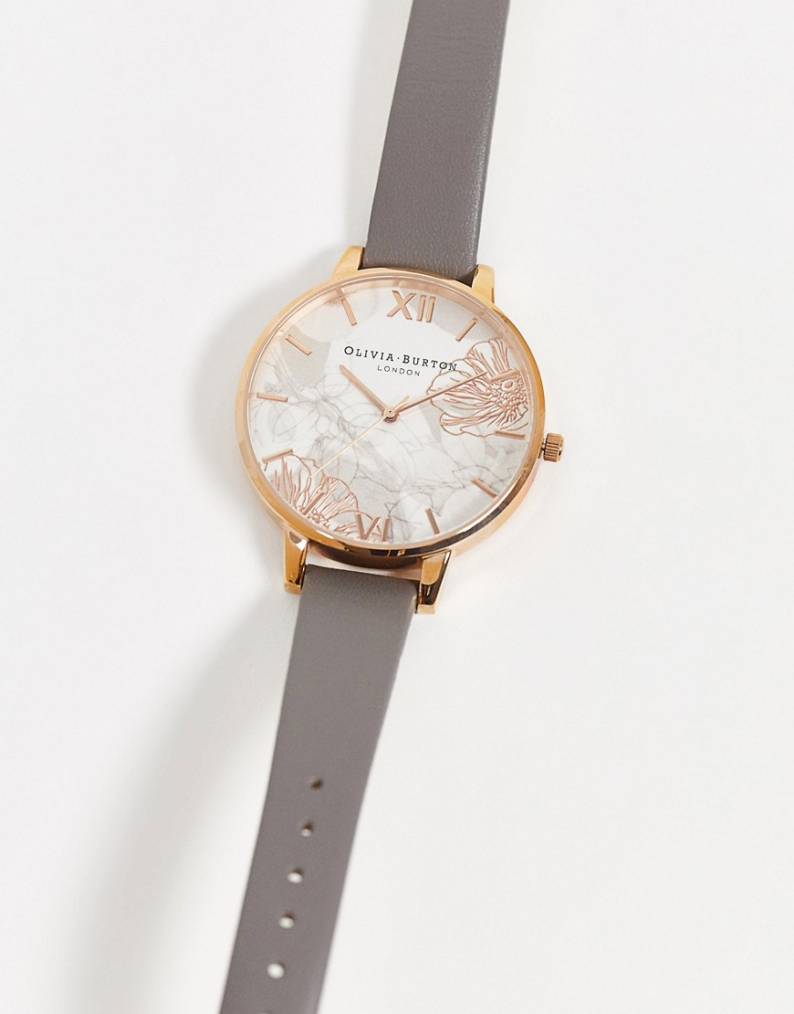 Olivia Burton abstract floral leather watch in grey and rose gold