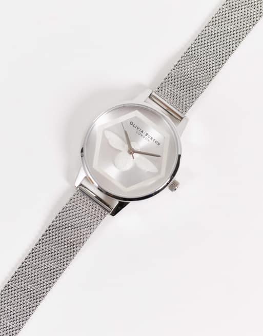 Olivia burton bee face watch in silver with mesh strap