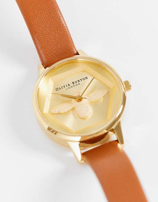 Olivia burton bee face watch with brown strap ASOS