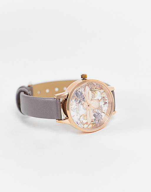 Olivia Burton bee face watch with grey strap