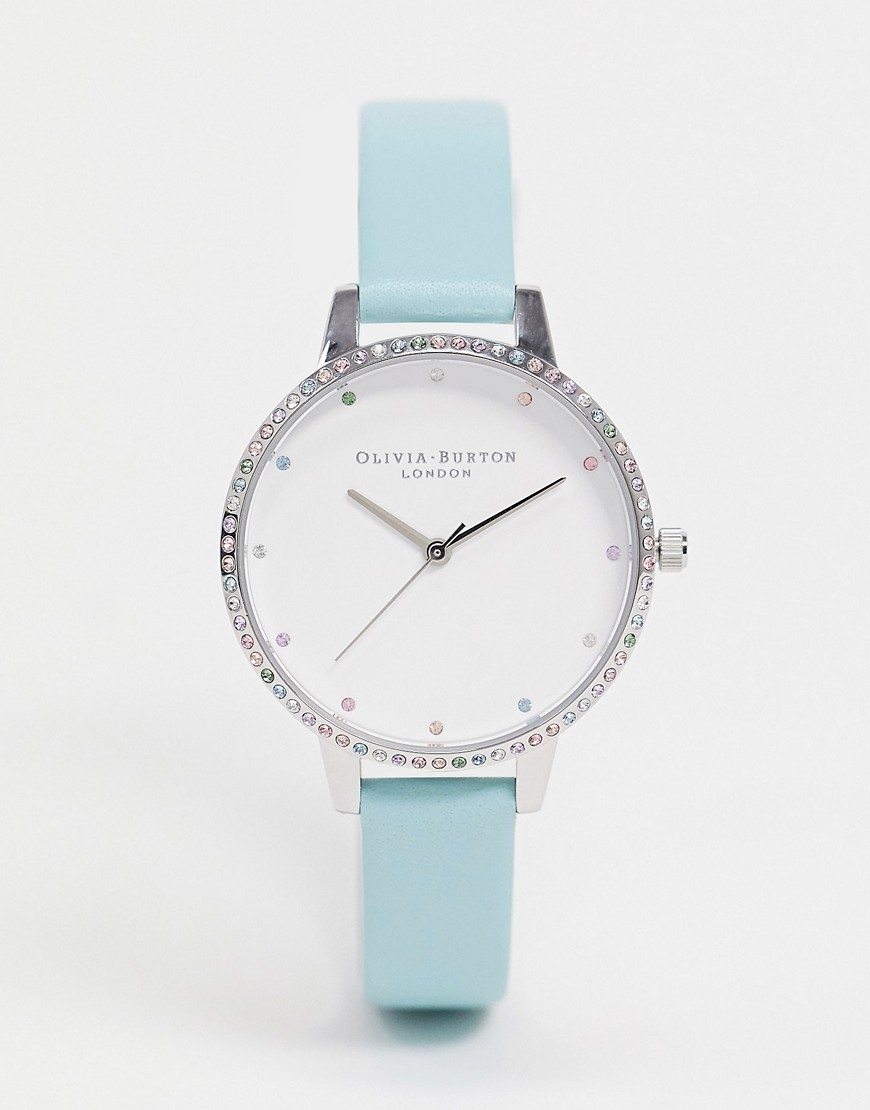 Olivia Burton – Blå armbandsklocka med regnbågsfärgade stenar på uret