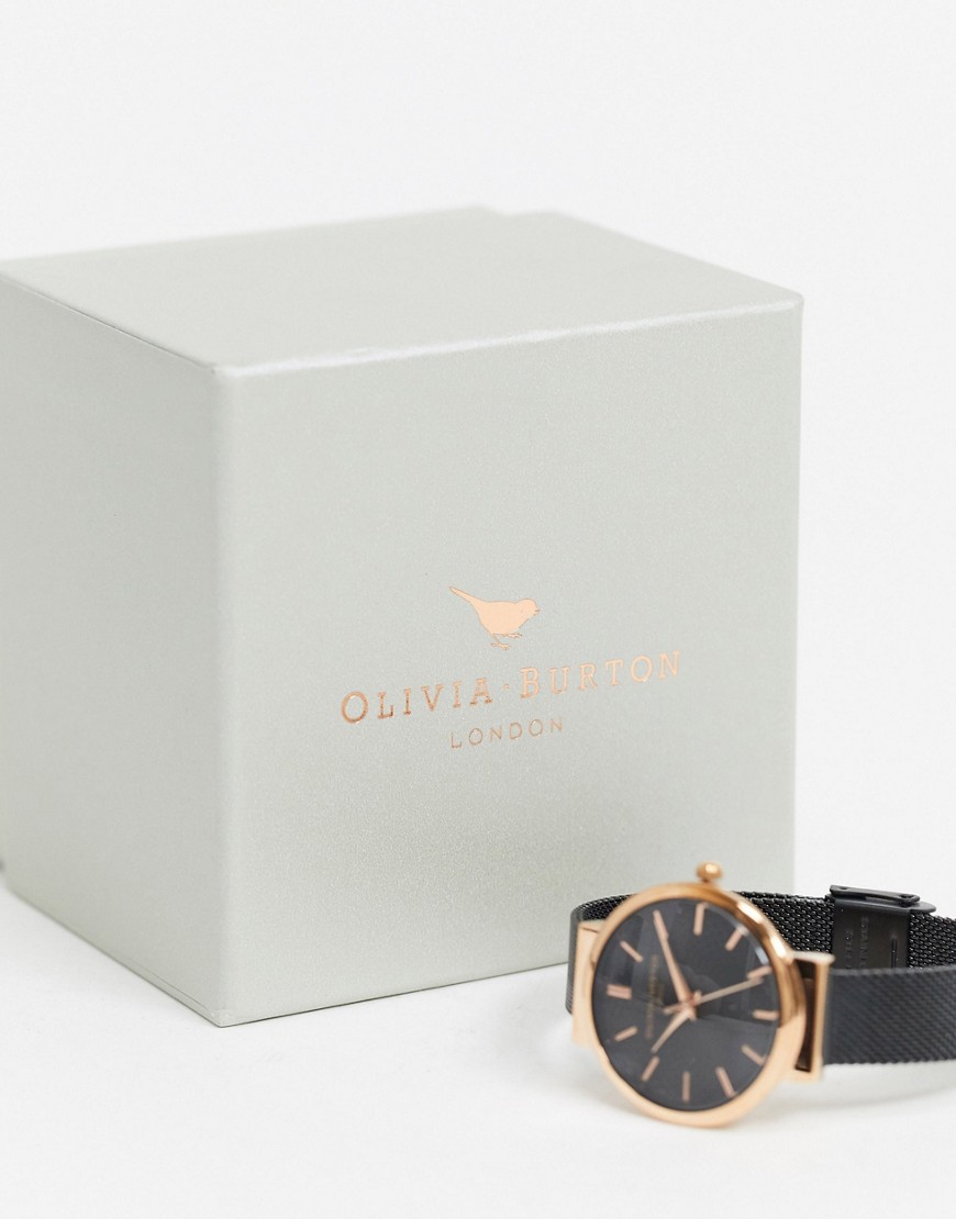 Olivia Burton black dial leather watch in black mesh and rose gold