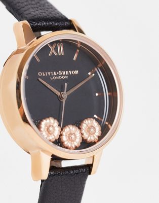 Olivia Burton dancing daisy watch in black and rose gold