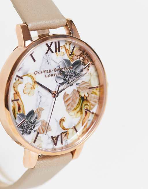 Olivia Burton flower dial watch in sand and rose gold