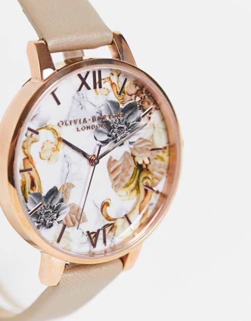 Olivia Burton Horloge met bloemenwijzerplaat in zand en ros goud