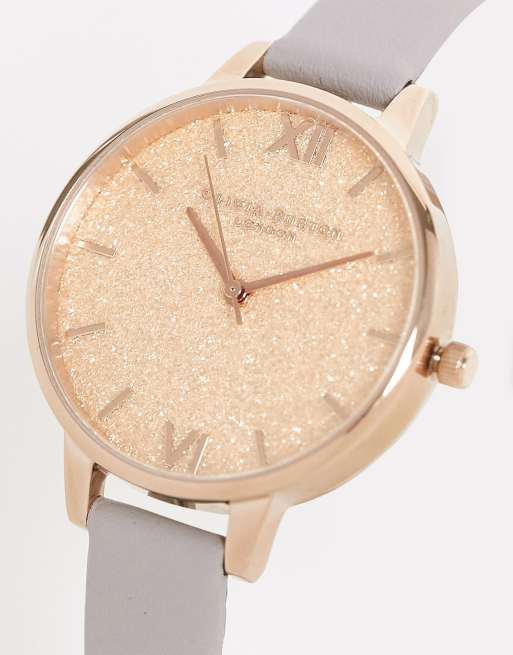 Olivia Burton - Horloge van leer met wijzerplaat met siersteentjes in krijtgrijs - LBLUE